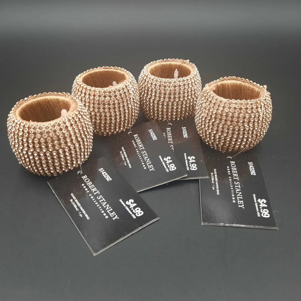 Robert Stanley Gold‎ Rhinestone Glass Beaded Napkin Rings Set of 4 HL9182908 NEW
